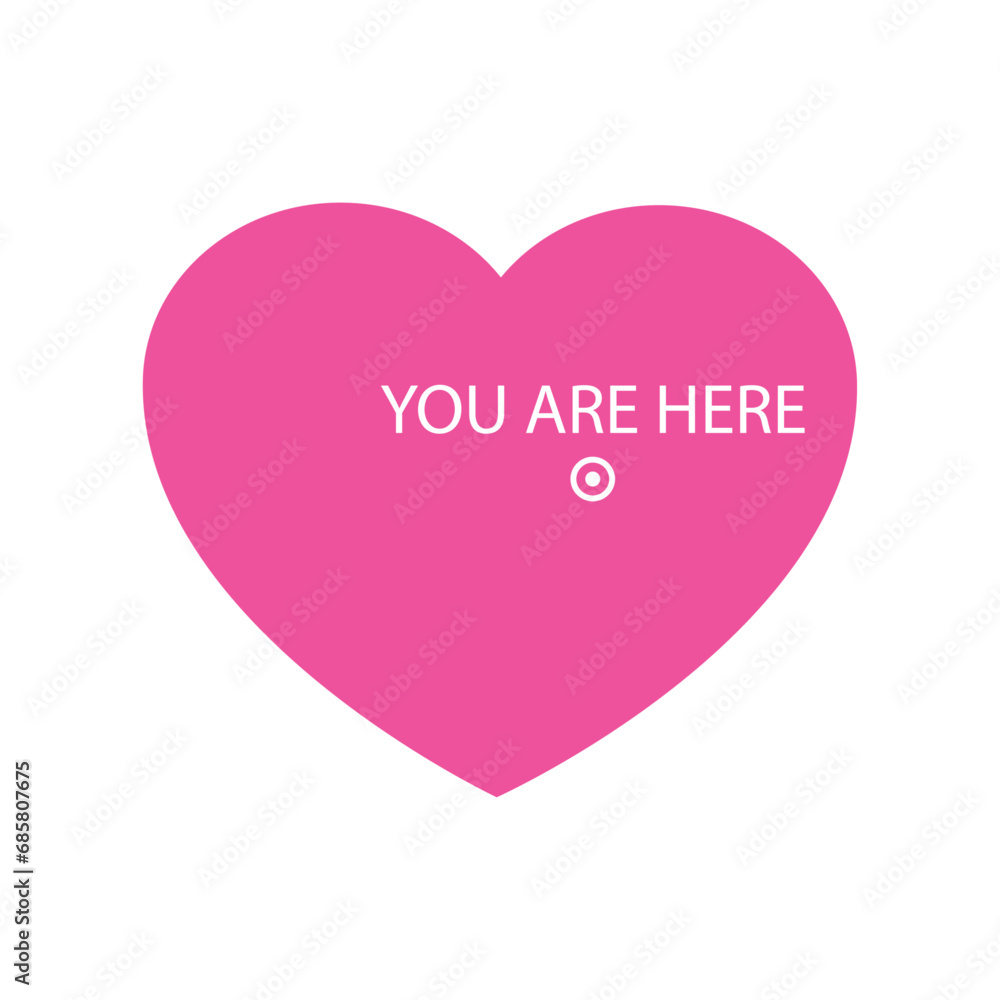 Logo del día de San Valentín. Silueta de corazón con texto  YOU ARE HERE con punto para su uso en felicitaciones y tarjetas