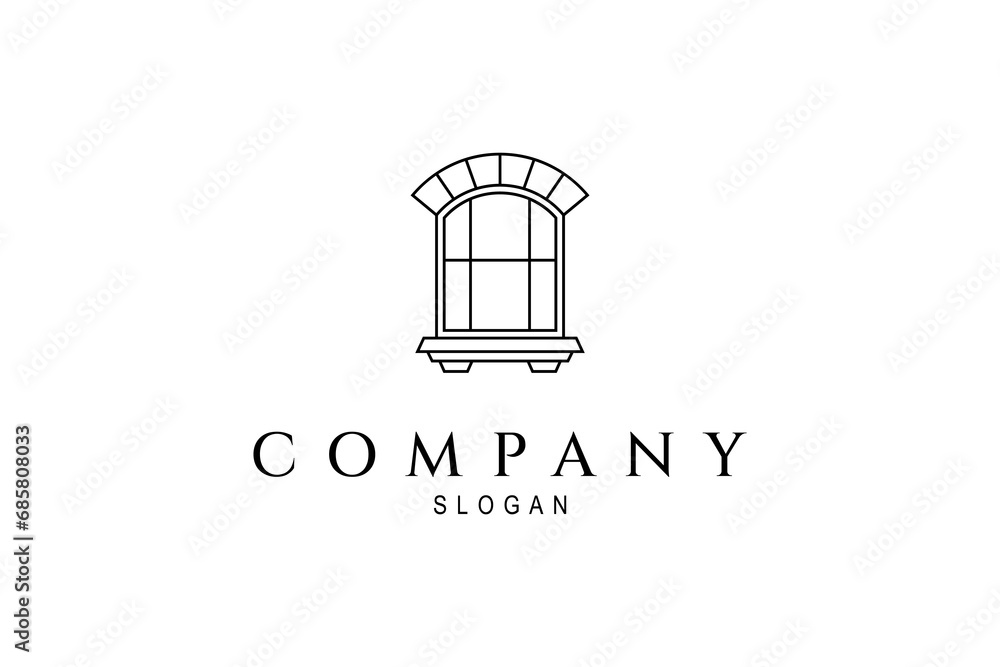 Window minimalist line art logo, with a classic, vintage model of an old building