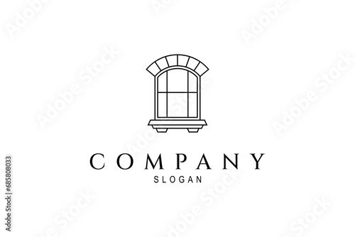 Window minimalist line art logo, with a classic, vintage model of an old building