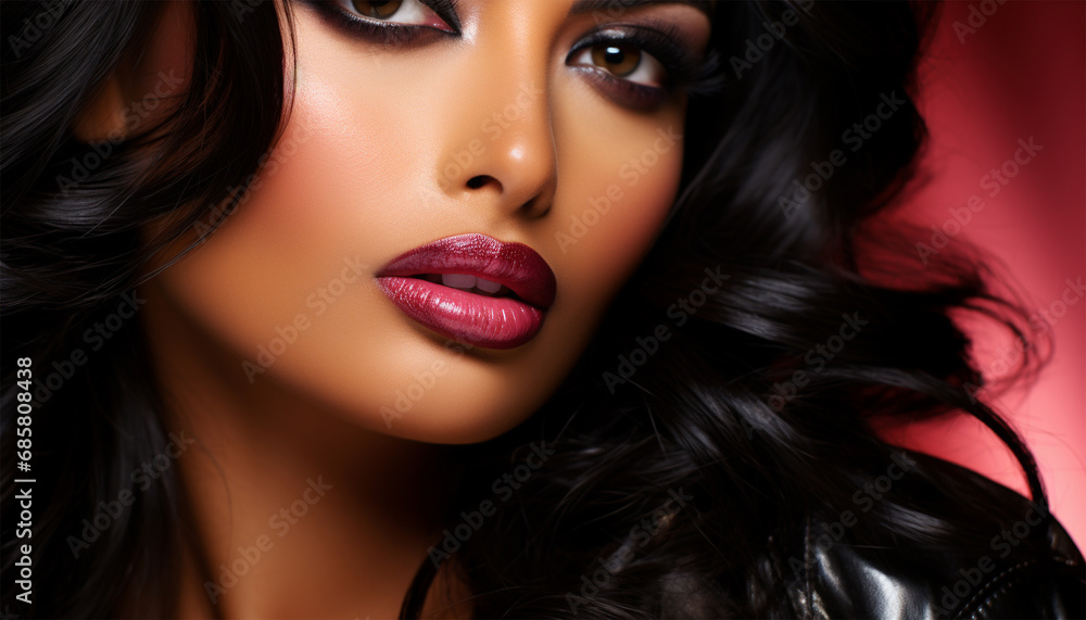Lipstick Advertisement design African American beauty Sensual woman wearing ruby red lipstick on her lips, holds red gloss, has half of face covered concept of sensuality and cosmetics Lipstick Advertisement design African American beauty Sensual woman wearing ruby red lipstick on her lips, holds red gloss, has half of face covered concept of sensuality and cosmetics
