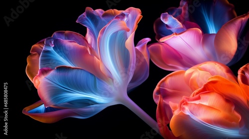 A macro shot of a neon tulip's glowing petals, showcasing its vivid, illuminated beauty