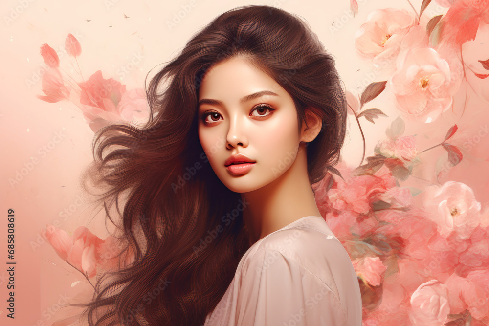 Elegant Asian Lady in a Blush-Colored Atmosphere Elegant Asian Lady in a Blush-Colored Atmosphere
