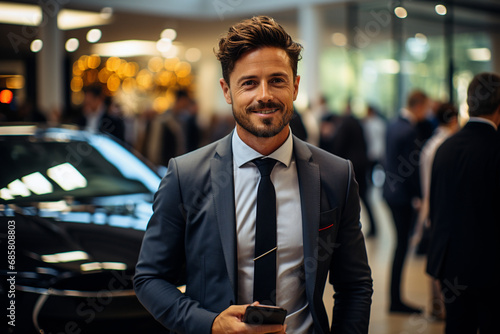 Smiling businessman with phone in front of luxury car