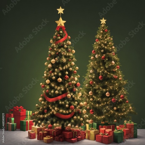 christmas tree and decorations  christmas wreath with ribbon  merry christmas card  christmas tree with gifts and decorations  christmas tree with presents