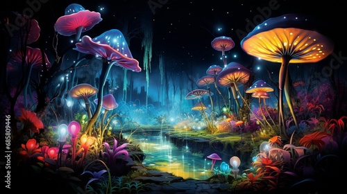 A surreal garden of neon flowers, their vibrant colors and bioluminescence creating an otherworldly scene