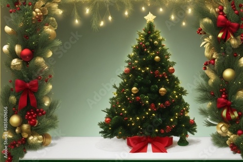 christmas tree and decorations  christmas wreath with ribbon  merry christmas card  christmas tree with gifts and decorations  christmas tree with presents