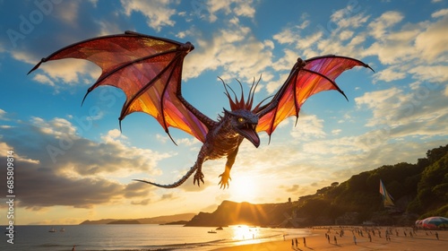 A traditional dragon-shaped kite flying gracefully above a picturesque beach
