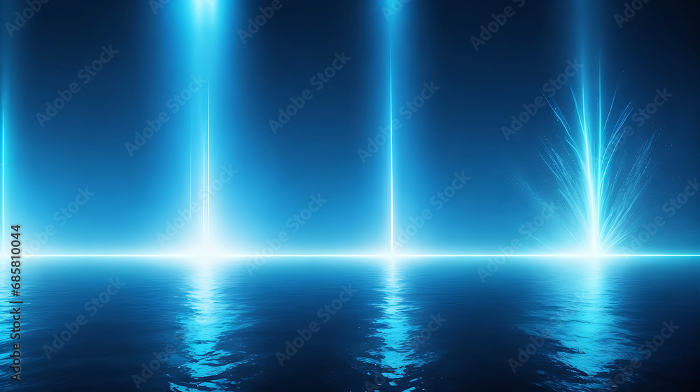 Photo abstract dark futuristic background blue neon light rays reflect off the water.
