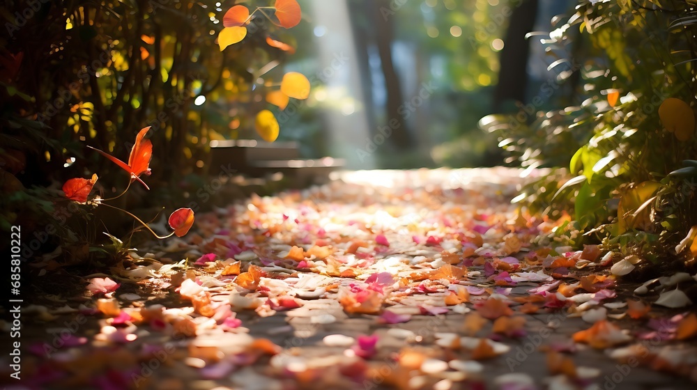 Delightful selective focus on a garden pathway in autumn, flower petals scattered, sunlight