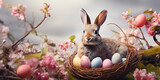 Happy bunny rabbits with illustration of cute baby rabbit as Easter bunny sitting in  as Easter around beautiful flower at comfortable zone colorful agg grass festive background.AI Generative