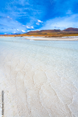 Tuyajto lagoon and salt lake in the Altiplano (high Andean plateau) over 4000 meters over the sea level with salt crust in the shore, Atacama desert, Antofagasta Region, Chile, South America photo