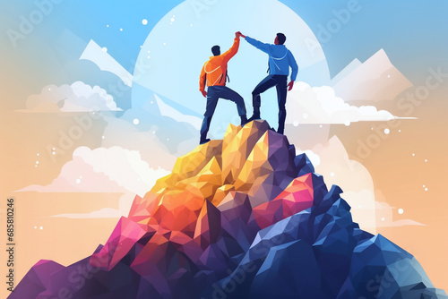 Climbers at the top of a colorful mountain