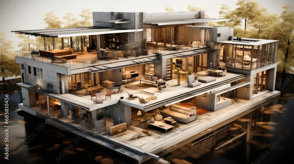 Architectural Blueprint of a Multi-Level Building in Progress. Architectural Blueprint of a Multi-Level Building in Progress.