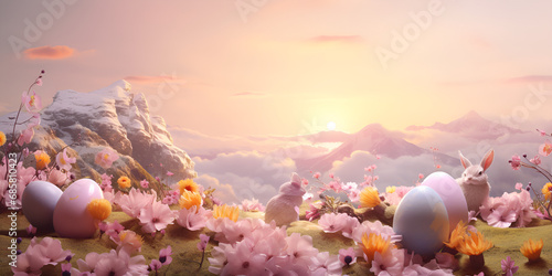 rabbits beauty Concepts of happiness sky is painted Natural podium backdrop with dreamy flower a picture of fantasy landscape with colorful flower waving and smiling in colorful clouds .AI Generative