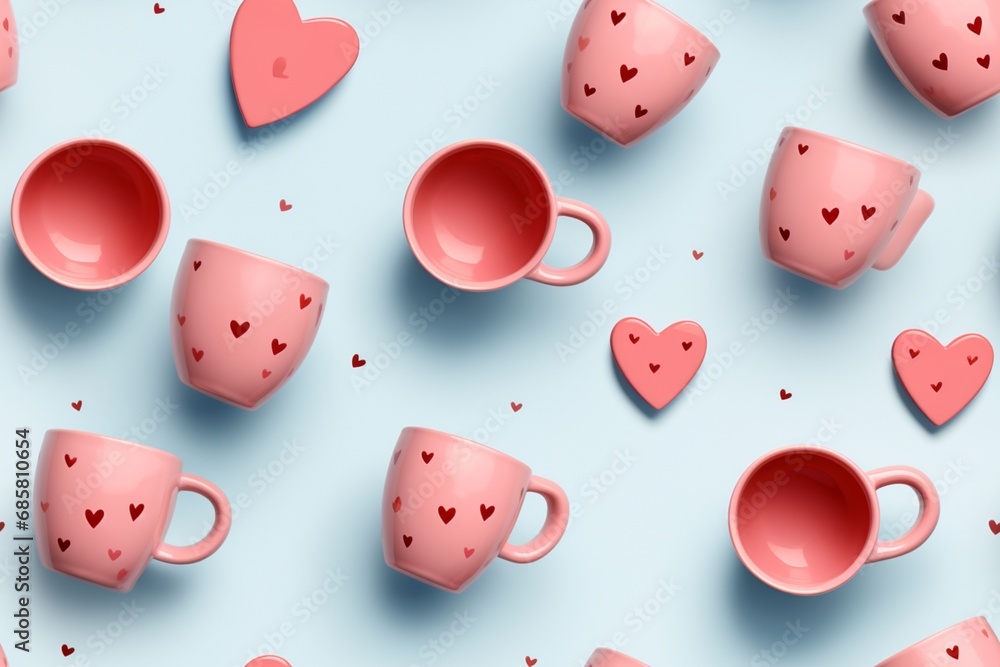 pink coffee or teacups with red and pink hearts on pastel blue background. Valentine or Mother's Day concept. Top view. Generative AI