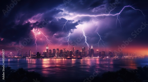 Night view of thunderstorms in the middle of the city, coastal skyscrapers.