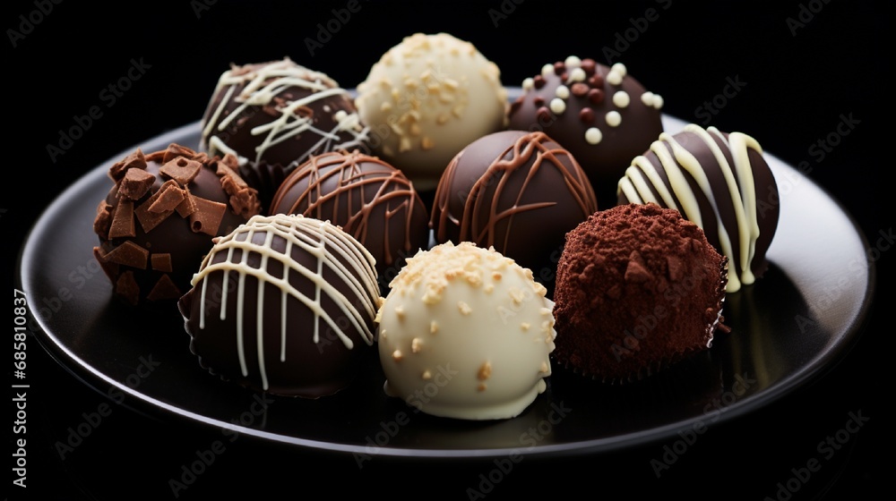 A gourmet chocolate truffle assortment, glossy and rich, set against a solid black background for a sophisticated dessert ad.