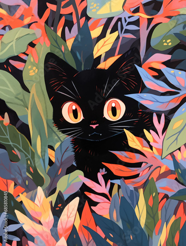 Kid's illustration. Playful black cat peeking through leafs. Illustration for pet lovers and nature enthusiasts, suitable for children books and cards