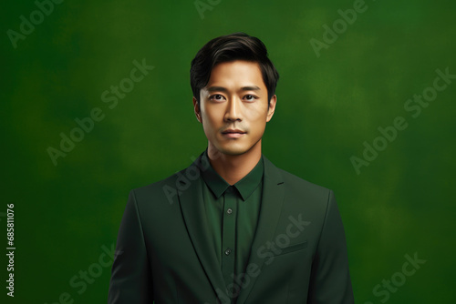 Handsome Asian Man in Green Studio Shot