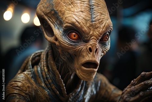 Portrait of an alien with a nose and big eyes, a shrunken head of an alien from space.