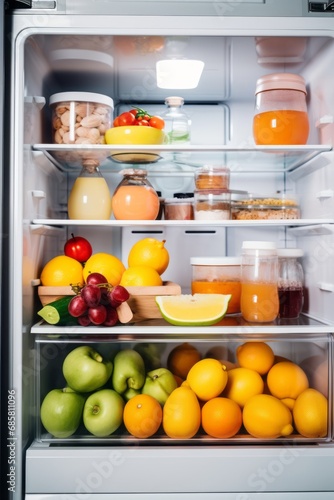 Fridge brimming with wholesome food  fresh vegetables  and fruits  illustrating the concept of proper nutrition  healthy eating  and a balanced lifestyle.