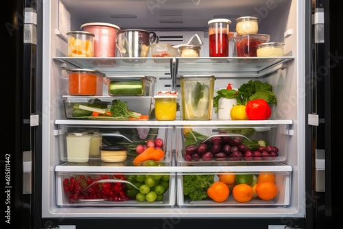 Fridge brimming with wholesome food, fresh vegetables, and fruits, illustrating the concept of proper nutrition, healthy eating, and a balanced lifestyle.