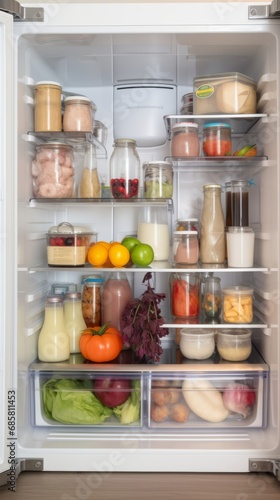 Fridge brimming with wholesome food, fresh vegetables, and fruits, illustrating the concept of proper nutrition, healthy eating, and a balanced lifestyle.