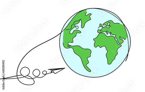 Abstract color planet Earth with paper plane as line drawing on white