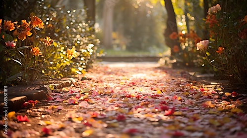 Delightful selective focus on a garden pathway in autumn  flower petals scattered  sunlight