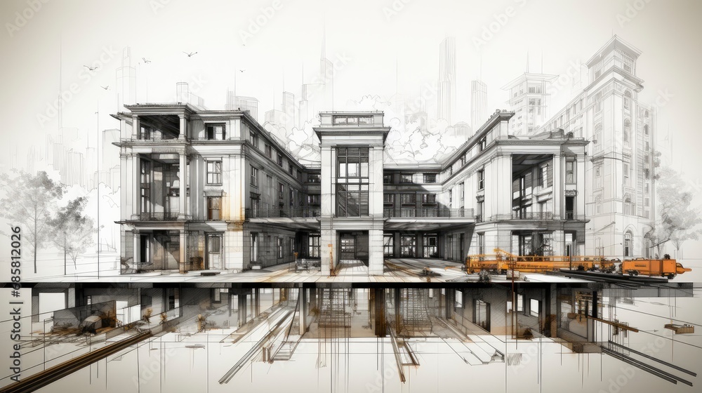 Architectural Blueprint of a Multi-Level Building in Progress. Architectural Blueprint of a Multi-Level Building in Progress.