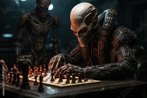 An alien is playing chess with a human