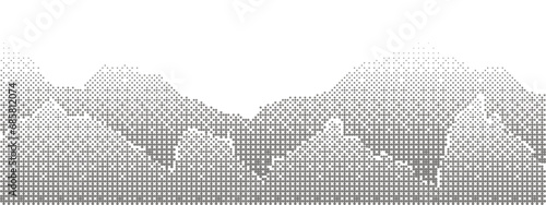 Halftone gray mountain landscape with two rows of mountain range drawn with a dotted gradient. Widescreen background
