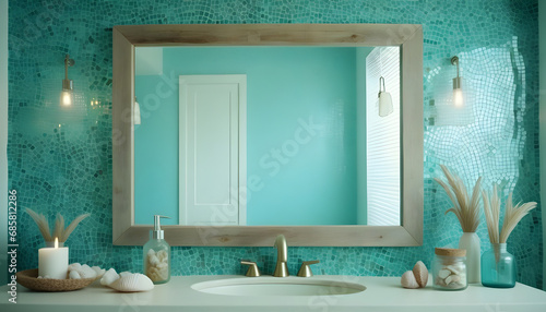 A coastal themed bathroom with turquoise mosaic tiles, a driftwood-framed mirror, and seashell-filled glass jars ai generative