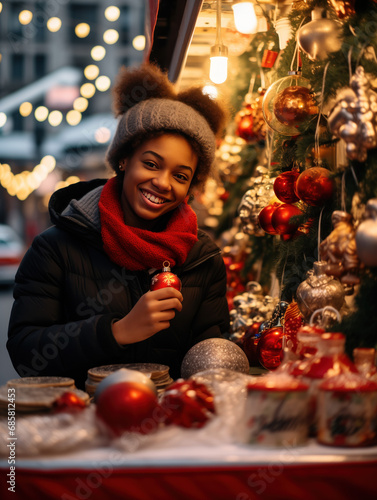 Young woman choosing decorations for Christmas tree on Christmas fair, African-American woman buying CHristmas glass balls on Christmas market standing at counter with gifts, closeup photo