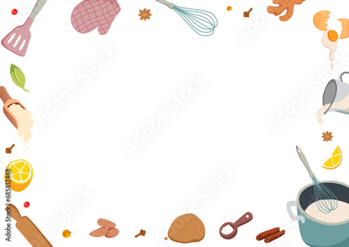 Cooking background with decorative frame. Horizontal Flyer with food items, meal ingredients.