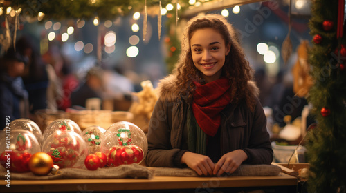 Young woman standing at counter on outdoors Christmas fair, smiling looking at camera, selling Christmas gifts and decorations, shopping on city Christmas market, horizontal photo