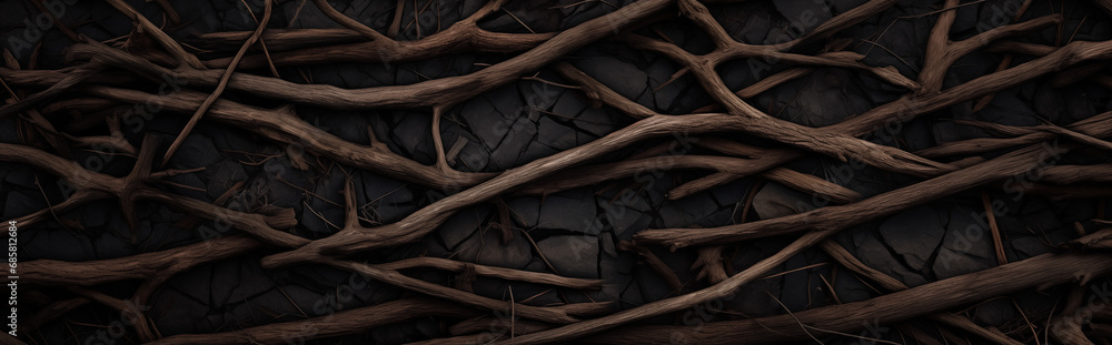 Banner photo of dark dry roots sticks on black soil for background or banner. Шntertwined dark wooden branches creating a natural, textured pattern - obrazy, fototapety, plakaty 