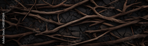 Banner photo of dark dry roots sticks on black soil for background or banner. Шntertwined dark wooden branches creating a natural, textured pattern