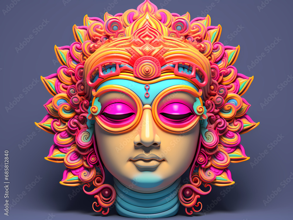 A zen Buddha face wearing sunglasses with neon color ornamental elements - New age psychedelic design