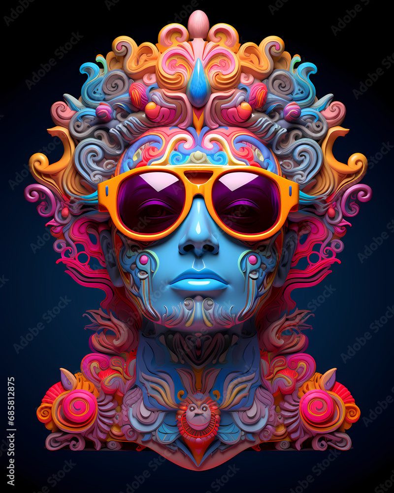 A human face wearing sunglasses with neon color ornamental elements - New age psychedelic design