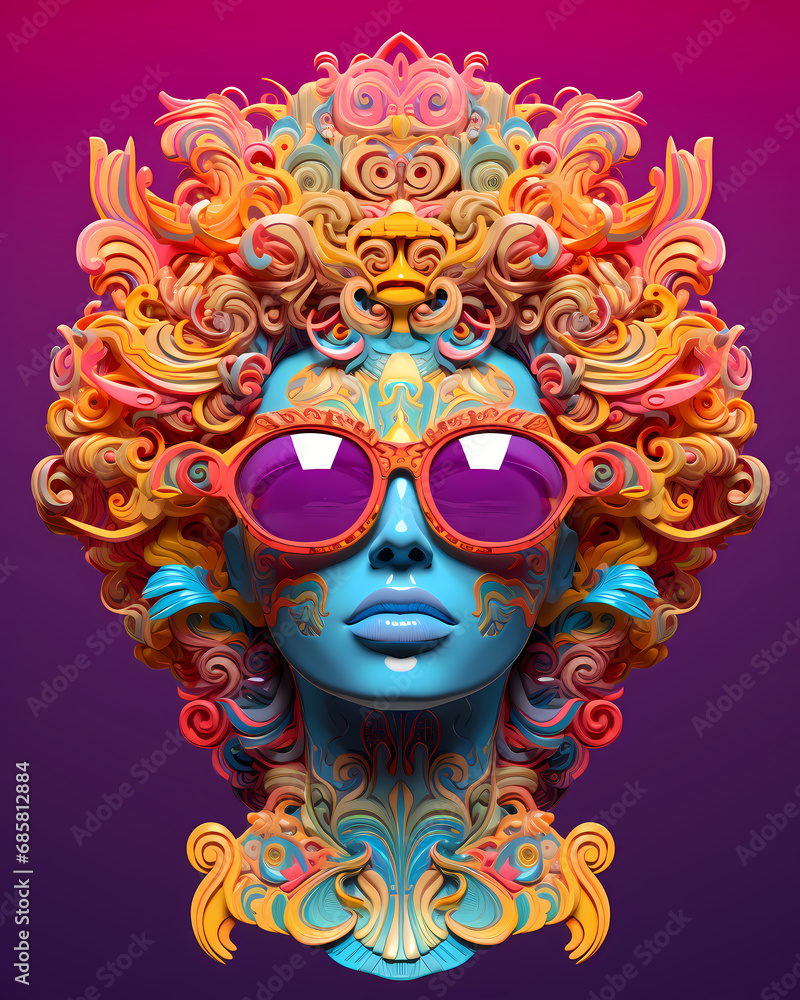 A godess face wearing sunglasses with neon color ornamental elements - New age psychedelic design