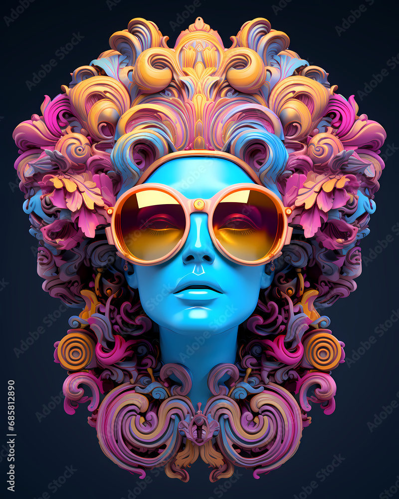 A godess face wearing sunglasses with neon color ornamental elements - New age psychedelic design