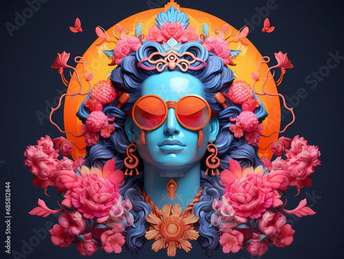 A human face wearing sunglasses with neon color ornamental elements - New age psychedelic design photo