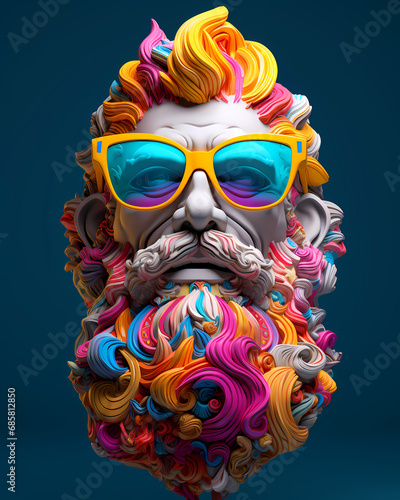 A human face wearing sunglasses with neon color ornamental elements - New age psychedelic design photo