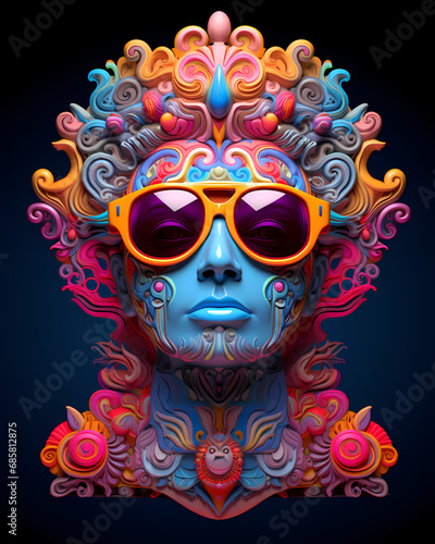 A human face wearing sunglasses with neon color ornamental elements - New age psychedelic design
