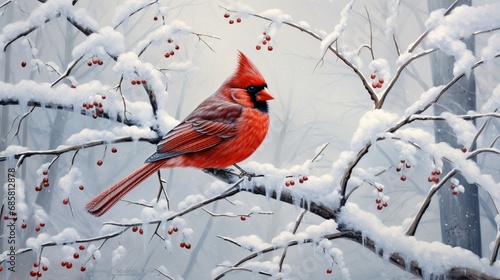 A red cardinal perched on a snow-laden branch, contrasting the winter white. photo