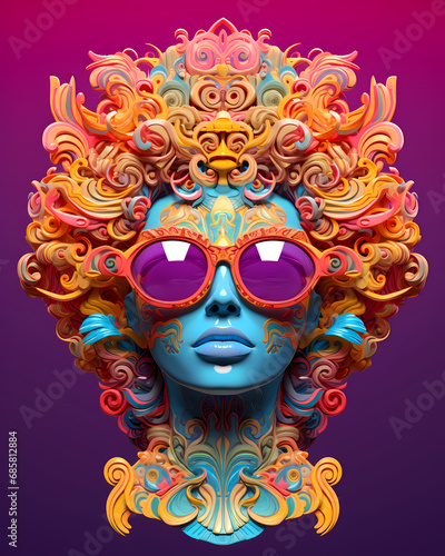 A godess face wearing sunglasses with neon color ornamental elements - New age psychedelic design photo