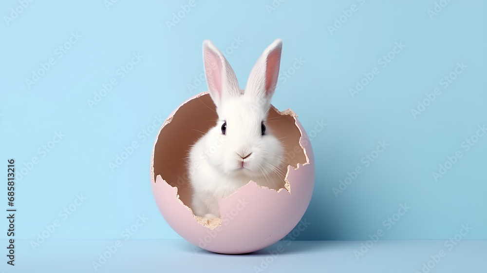 Obraz premium Little Easter bunny sitting in an eggshell on a blue background.