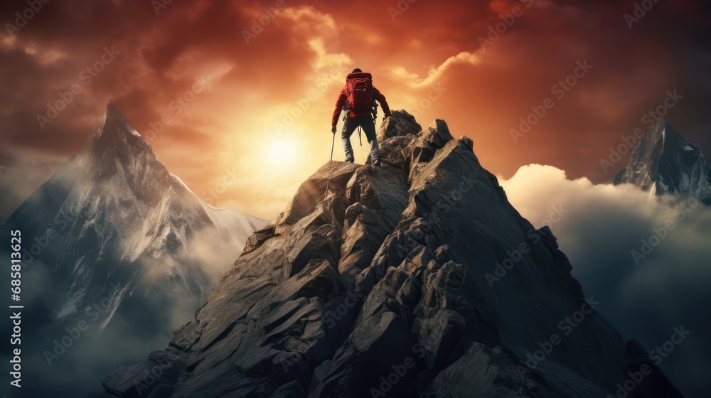 A man climbs a rocky mountain peak. With sunset views.