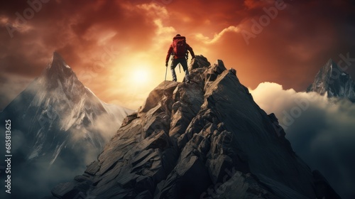 A man climbs a rocky mountain peak. With sunset views. © Muamanah